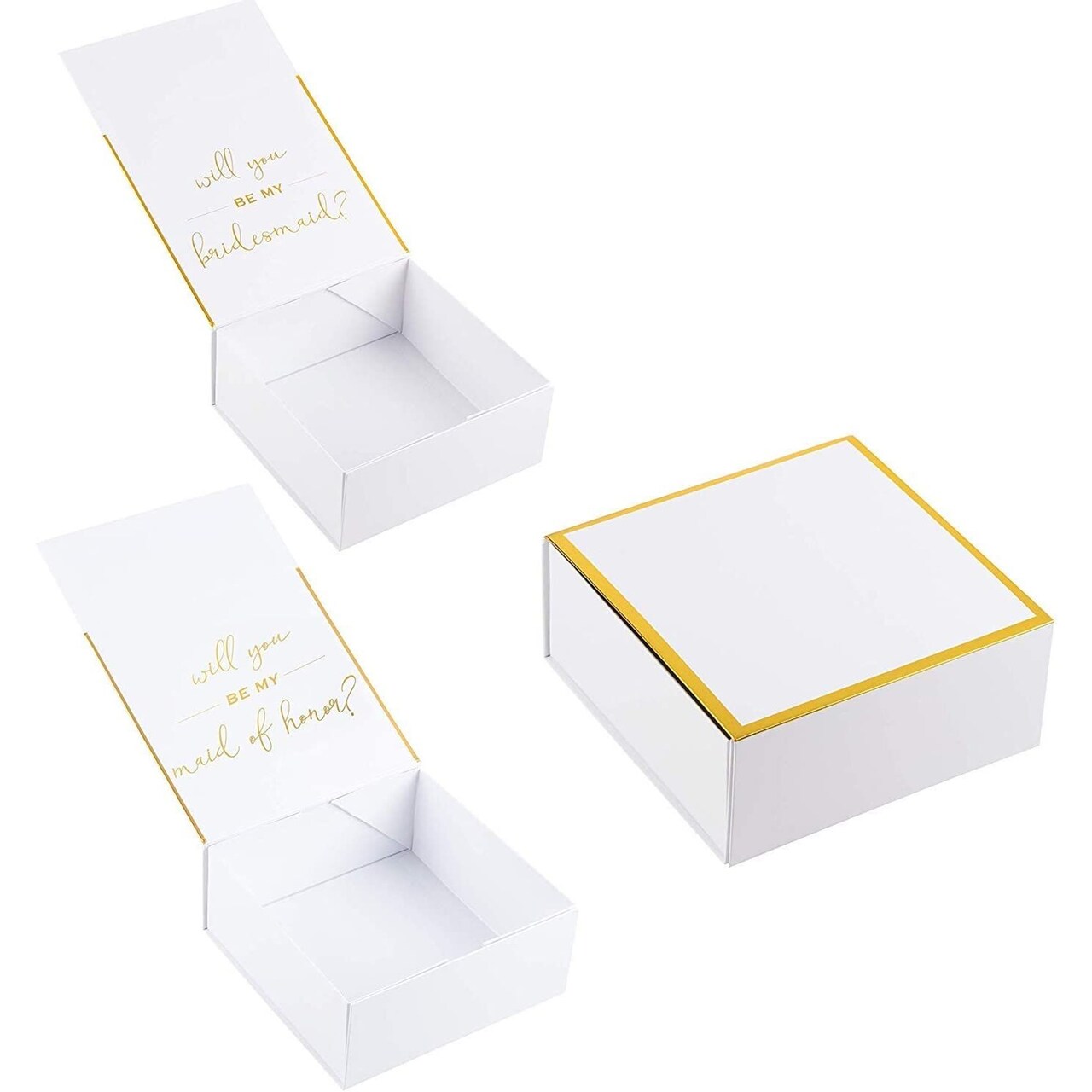 Will You Be My Bridesmaid Proposal Gift Boxes, 2 Bridesmaid and 1 Maid of Honor Empty Box for Wedding Presents, White with Gold Foil Text, 8 x 8 x 3.6 inches